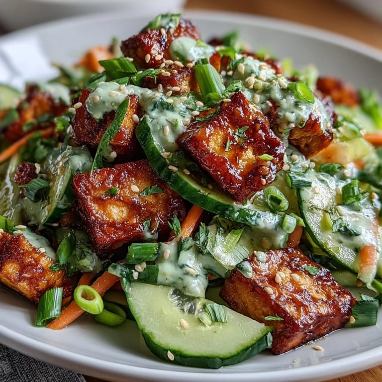 A close-up view of Creamy Asian Cucumber Salad with Crispy Tofu shows glistening tofu and fresh herbs on a ceramic plate, perfect for a light vegetarian lunch.