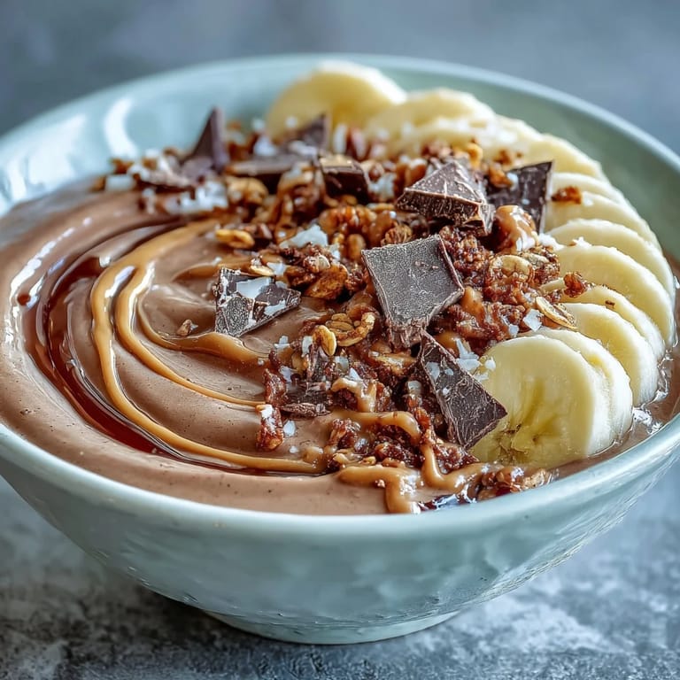 Overhead view of a healthy Chocolate Peanut Butter Smoothie Bowl with a drizzle of peanut butter.