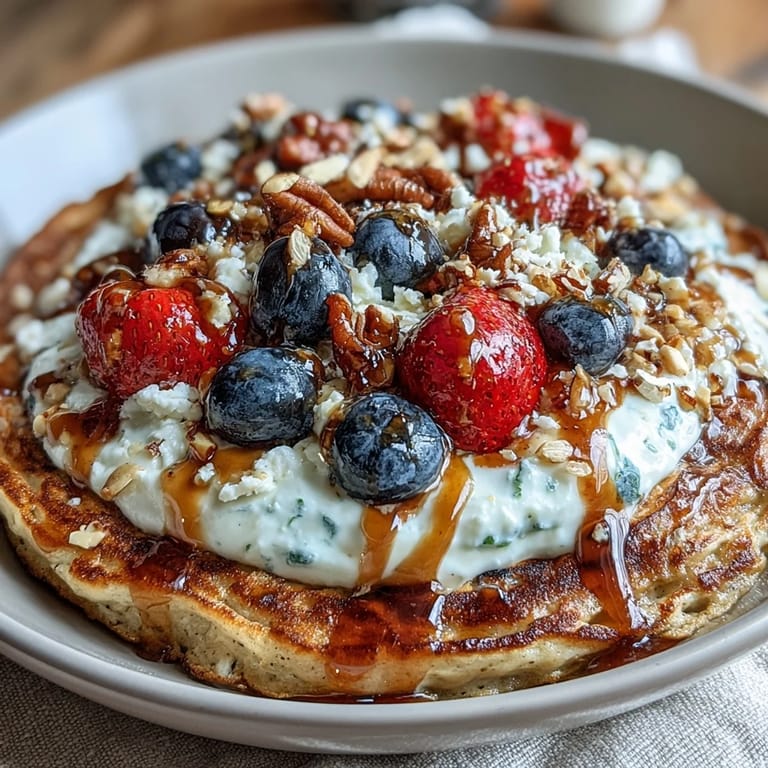 Sliced banana and plump blueberries sit atop this satisfying Protein Pancake Bowl, ready for breakfast.