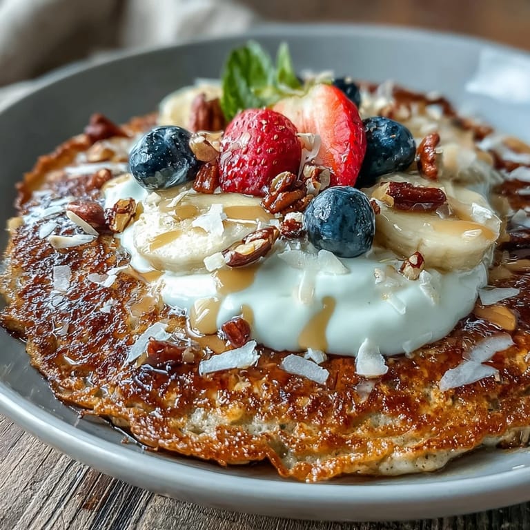 Enjoy a Protein Pancake Bowl drizzled with honey and almond butter, served alongside crunchy walnuts for texture.