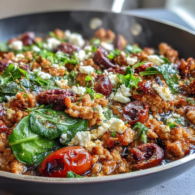 Overhead shot of Mediterranean Keto Ground Chicken Skillet with Olives and Feta served alongside a fresh salad, showcasing the juicy tomatoes and rich feta.