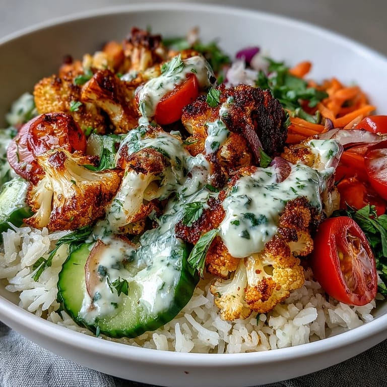 Vibrant vegetarian roasted cauliflower bowl with fluffy rice and drizzled creamy tahini sauce.