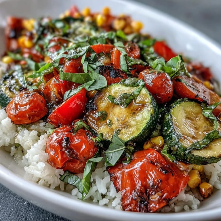 A close-up of a colorful Summer Vegetable Bowl, featuring golden bell peppers and tender veggies over rice, perfect for a light, gluten-free dinner.