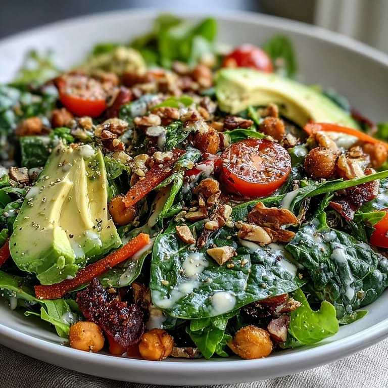 Nutrient-rich Mixed Greens Power Bowl topped with chickpeas, toasted walnuts, and pumpkin seeds.