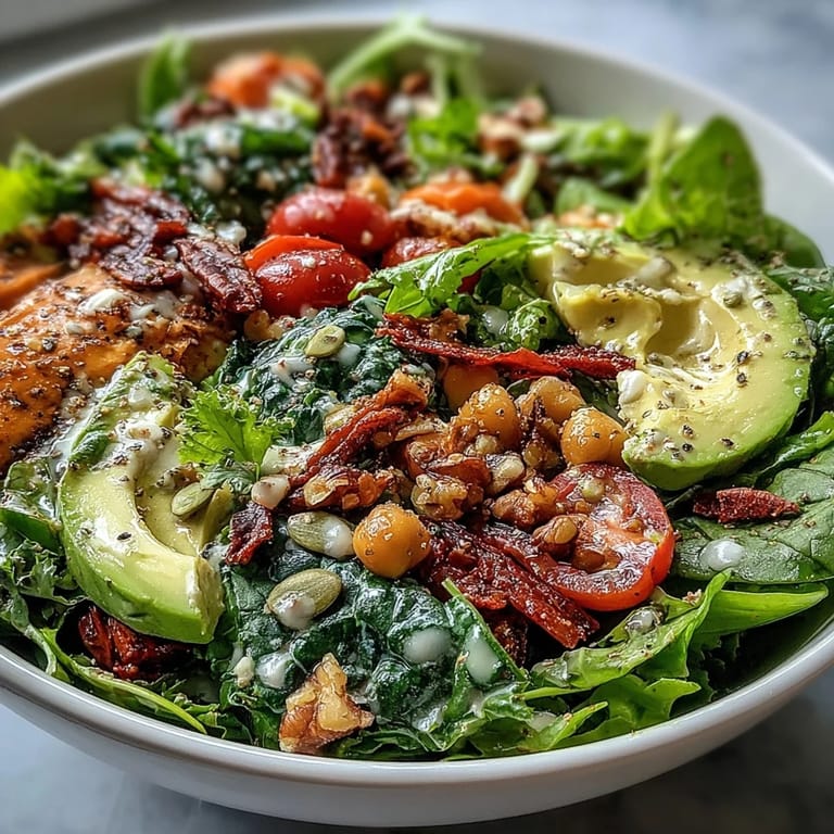 Colorful Mixed Greens Power Bowl drizzled with zesty lemon dressing, served as a wholesome vegan main.