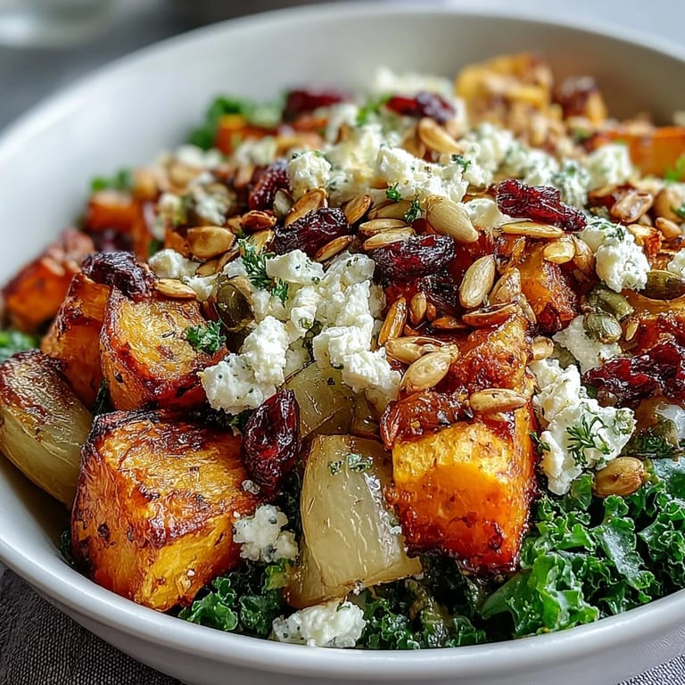 The Winter Root Vegetable Bowl features golden-brown roasted roots, wilted kale, and creamy feta, with toasted pumpkin seeds adding a satisfying crunch.
