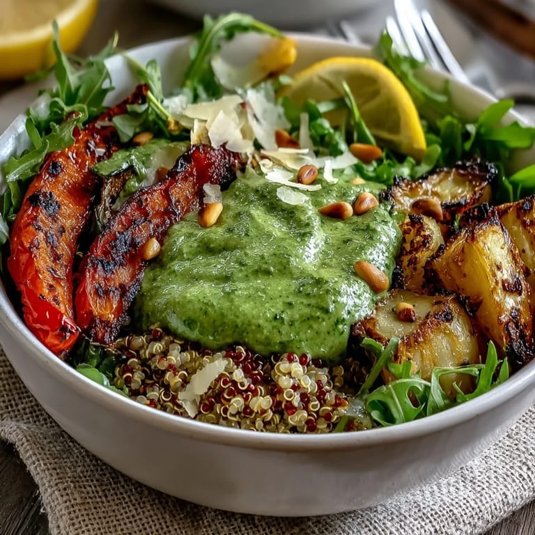 Spoonful of zesty lemon garlic pesto over a nourishing Arugula Pesto Bowl with toasted pine nuts.