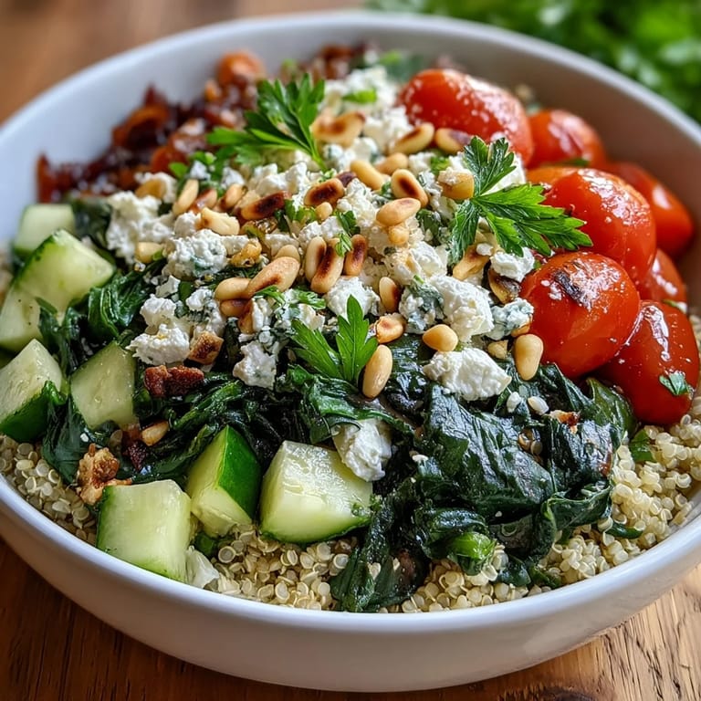 A vibrant Spinach and Feta Grain Bowl drizzled with zesty lemon dressing and garnished with parsley.