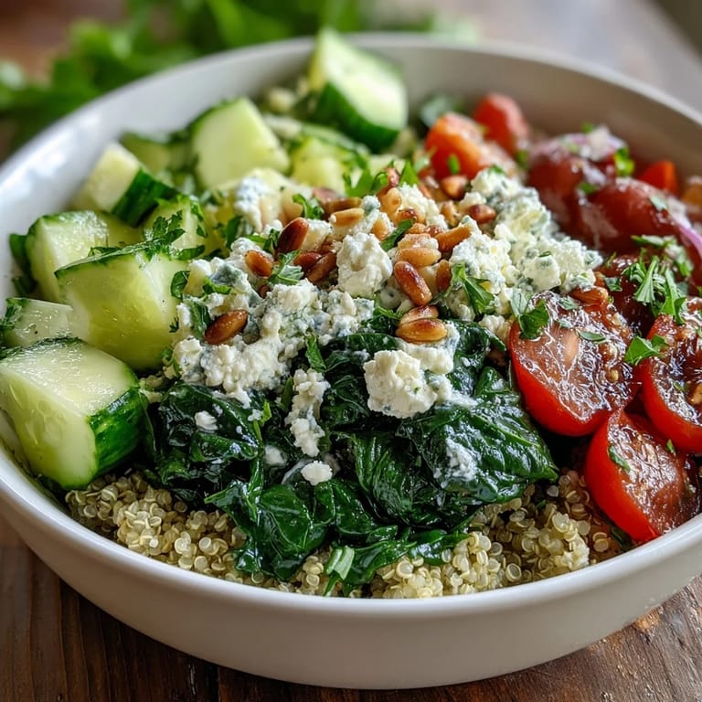 Freshly sautéed spinach and cherry tomatoes served over fluffy quinoa in a wholesome grain bowl.