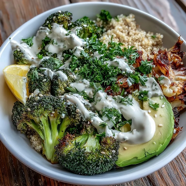 Freshly roasted broccoli and red onion add a smoky aroma to this Mediterranean-inspired grain bowl.