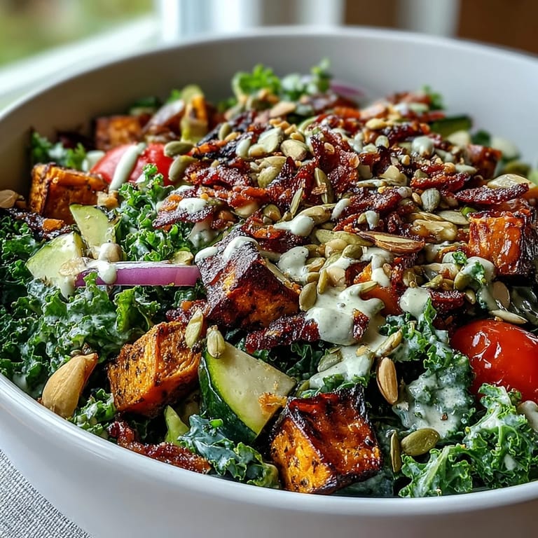 Healthy Kale Salad Bowl featuring golden roasted vegetables and a drizzle of lemony tahini.