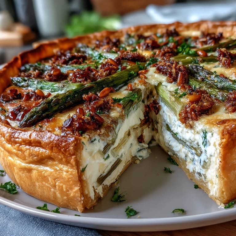 Flaky puff pastry crust filled with tangy crème fraîche, tender asparagus, and melted Gruyère, garnished with chives for a vibrant spring dish.