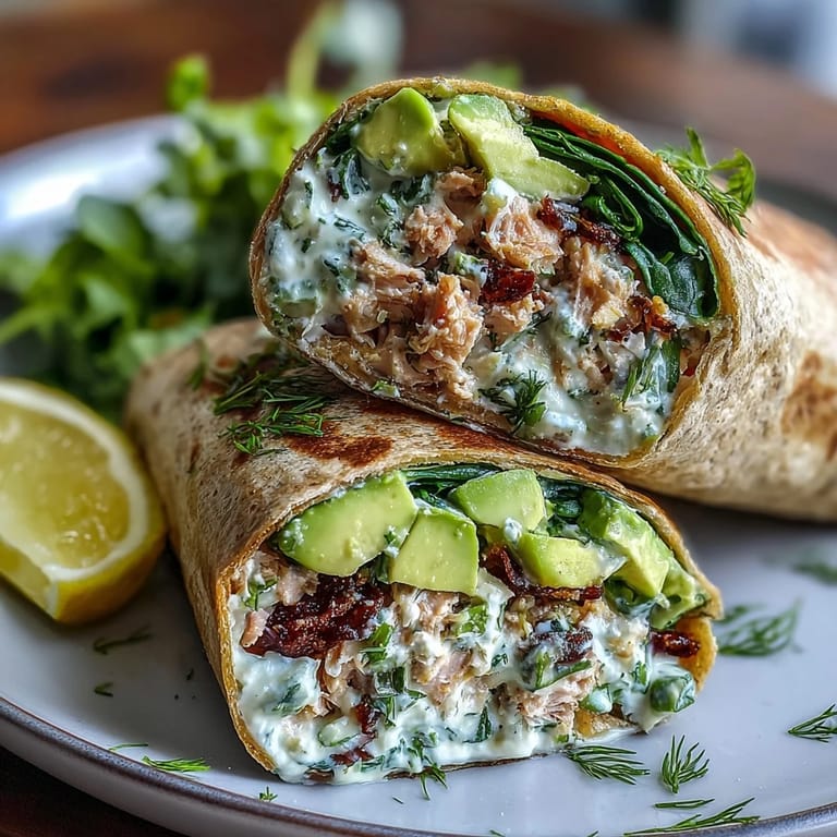 Creamy avocado mashed with tuna and lemon, layered with spinach in whole wheat wraps for a nutritious lunch.