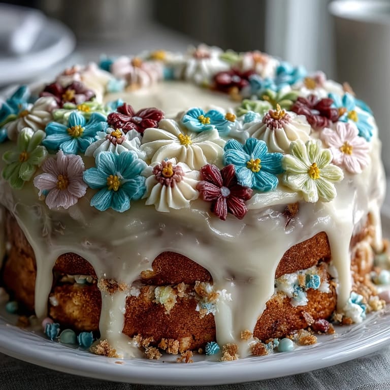 Soft vanilla cake layers filled and frosted with creamy pastel buttercream flowers in pink, yellow, and lavender
