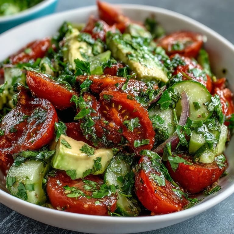 Fresh and colorful cucumber tomato avocado salad with zesty lemon dressing, ideal for summer gatherings.