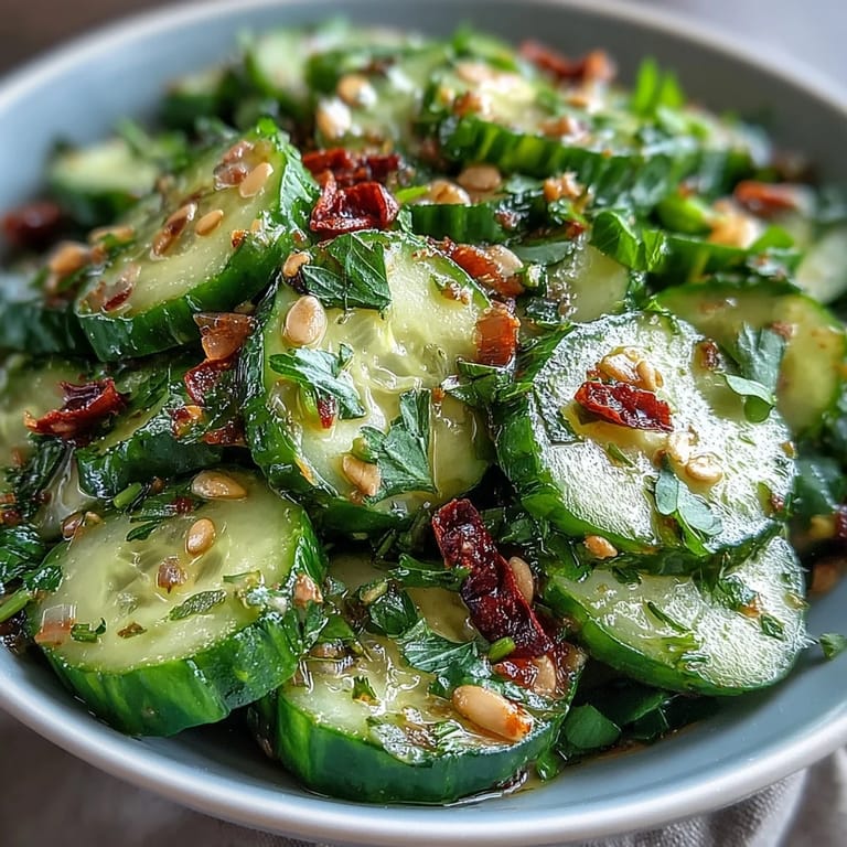 Smashed cucumber salad drizzled with golden garlic chili oil, topped with sesame seeds for a bold, flavorful crunch.