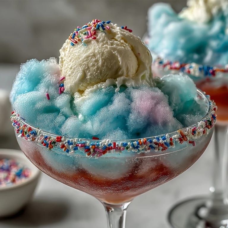 Whimsical cotton candy lemonade float featuring bright lemonade, fluffy cotton candy, and creamy ice cream in a festive glass.