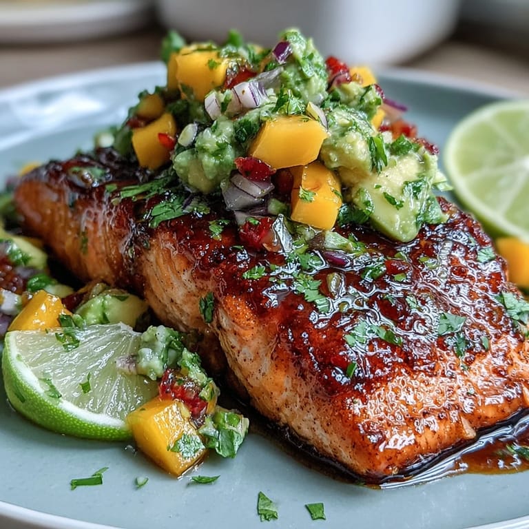 Juicy mango avocado salsa brightens tender baked salmon, perfect for a light, nutritious meal.  