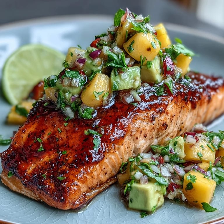 Oven-baked salmon with zesty mango avocado salsa, an easy, colorful dish full of fresh flavors.