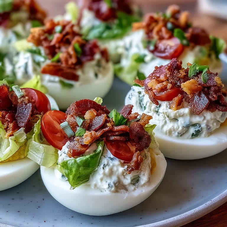 Deviled eggs get a BLT upgrade with smoky bacon, juicy tomatoes, and crisp lettuce garnish.