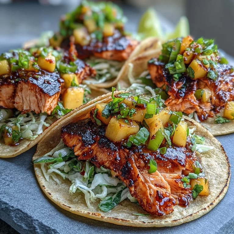 Juicy grilled salmon fillets topped with vibrant mango salsa and zesty lime in soft tacos.  