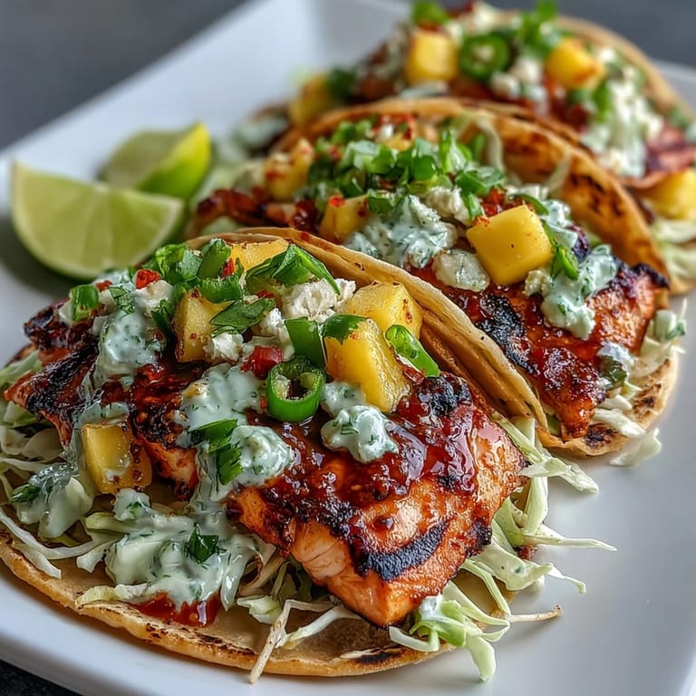 Fresh grilled salmon tacos loaded with colorful mango salsa, perfect for a healthy summer meal.