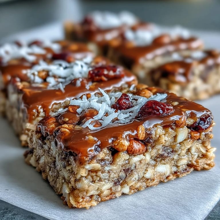 Golden Nut-Free Granola Bars with Honey and Oats, filled with coconut, pumpkin seeds, and chewy dried cranberries.  