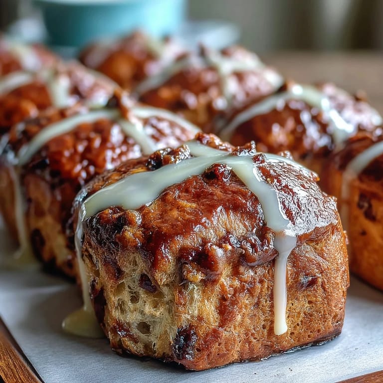 Golden Hot Cross Buns with a shiny orange glaze, perfect for a festive spring breakfast or holiday gathering.