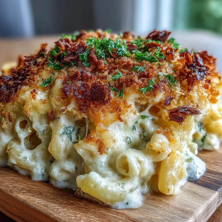 Baked macaroni and cheese in a casserole dish, featuring bubbly cheddar Gruyère sauce and crunchy breadcrumb crust.