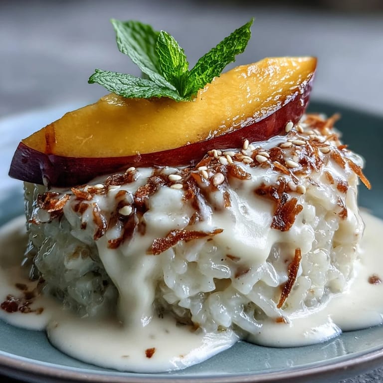 Garnished Thai-inspired mango sticky rice cups with toasted sesame seeds, served warm in clear dessert glasses.