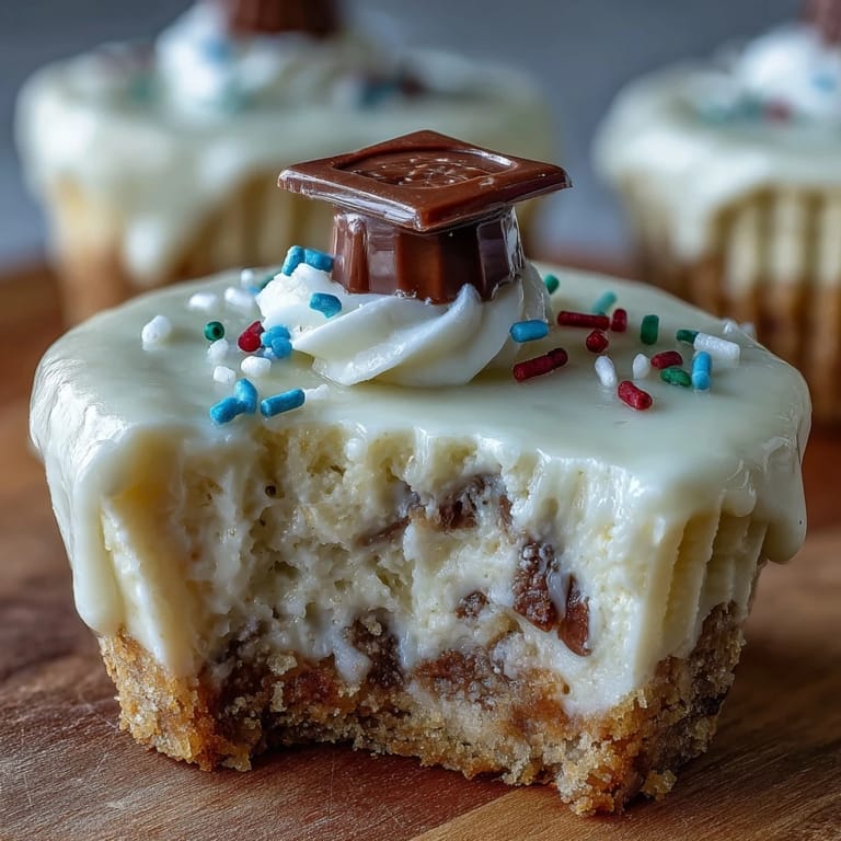Miniature graduation cheesecakes with smooth filling and golden crust, garnished with fresh berries and mini chocolate caps for a celebratory dessert.
