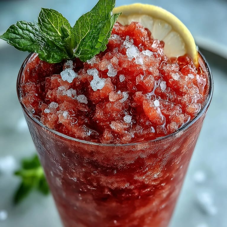 A bright red frozen strawberry lemonade slushie with a smooth, icy texture, served with a straw and garnished with lemon.