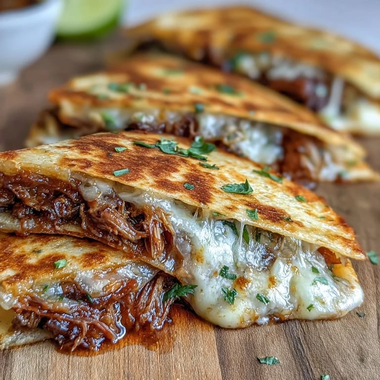 Tender shredded beef birria stuffed inside golden quesadillas, paired with a rich, spicy consommé for dipping and celebrating.