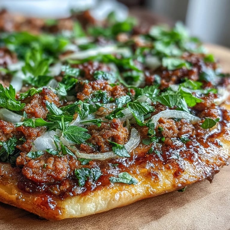 Savory ground lamb topping on thin Turkish Lahmacun Pizza, ready to bake.