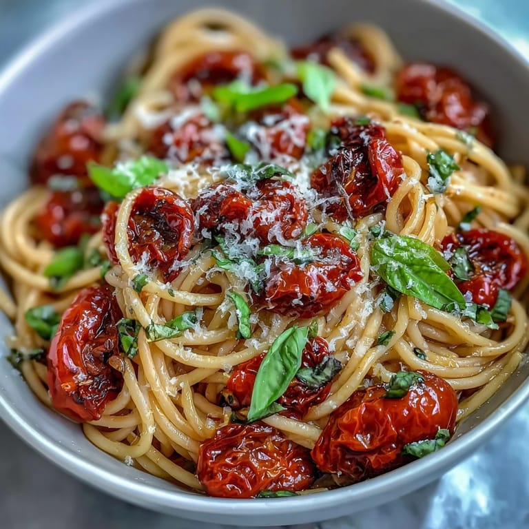 Rustic cherry tomato confit pasta dish, bathed in fragrant garlic oil, ready to serve.