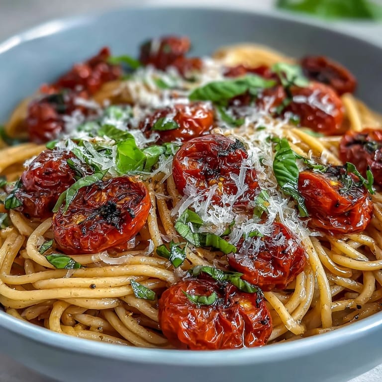 Vibrant Italian pasta with slow-roasted cherry tomatoes and fresh basil, a dinner delight.