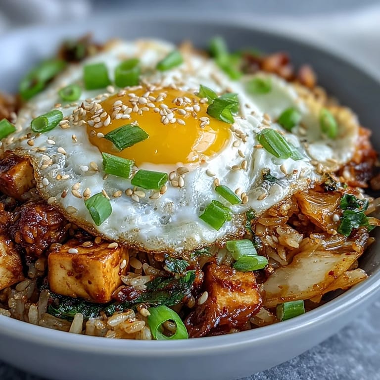 Flavorful Korean-inspired kimchi fried rice bowl, a quick, satisfying meatless main dish.