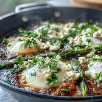 Vibrant spring shakshuka with fresh peas and broad beans, topped with runny eggs.