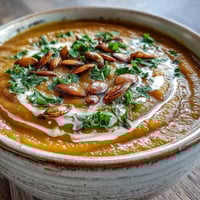 Creamy Butternut Squash Soup, velvety smooth, garnished with herbs and seeds.