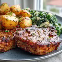 Aleppo Pork Chops with Potatoes and Greens served with golden roasted potatoes and vibrant sautéed kale on a rustic plate.