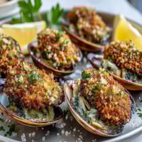 Golden roasted clams with lemony panko topping, garnished with fresh parsley and lemon wedges.
