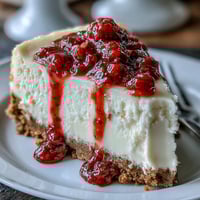 Freshly baked White Chocolate Raspberry Cheesecake Bliss with a golden graham cracker crust, vibrant swirls, and a creamy texture served on a marble platter.