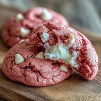 Four Pink Velvet Cookies are arranged on a wire cooling rack after baking, with white chocolate chips melting on top.