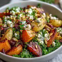 A close-up of the Winter Root Vegetable Bowl shows roasted carrots, parsnips, sweet potato, and beets atop massaged kale, drizzled with a warm tangy dressing.