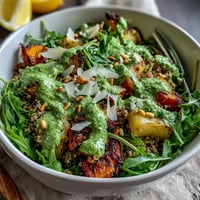 Fork-tender roasted vegetables and fluffy quinoa tossed in homemade peppery pesto in this vibrant Arugula Pesto Bowl.