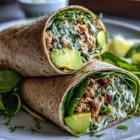 Fresh avocado and tuna wraps filled with spinach, rolled in whole wheat tortillas for a healthy, quick meal.