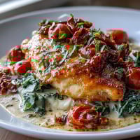 Creamy Tuscan Chicken with Sun-Dried Tomatoes served in a skillet with golden chicken in a rich, creamy sauce.