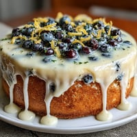 Bright lemon blueberry cake with fresh blueberries and lemon zest curls, perfect for spring birthday celebrations.