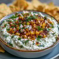Creamy elote dip with charred corn and cotija cheese, served with crispy tortilla chips for a zesty appetizer.