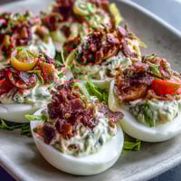 BLT Deviled Eggs with crispy bacon crumbles and fresh lettuce make a perfect party appetizer.  